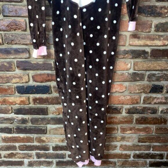 Forever 21 Bear Animal Polka Dot Brown White Plush One Piece Pajamas Size Large - Picture 3 of 7